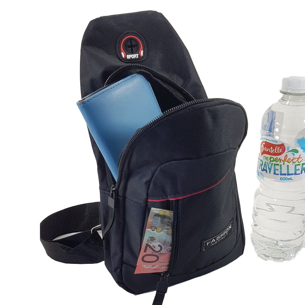 OSKA Men’s Perfect Day Bag Casual Shoulder Bag Black with Red Pinstripe - Makeup Warehouse Australia