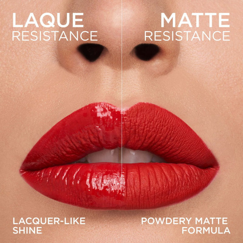 Comparison of lacque resistance and matte resistance lipsticks on a close-up of lips.