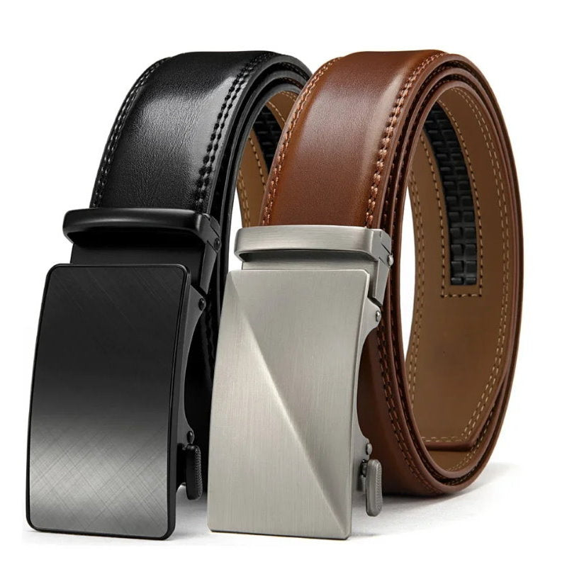 OSKA Men’s Luxury Belt Genuine Leather Automatic Buckle Matt Silver - Brown