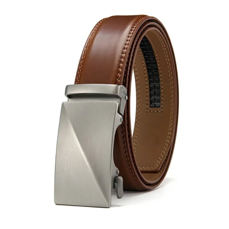 OSKA Men’s Luxury Belt Genuine Leather Automatic Buckle Matt Silver Brown - Makeup Warehouse Australia