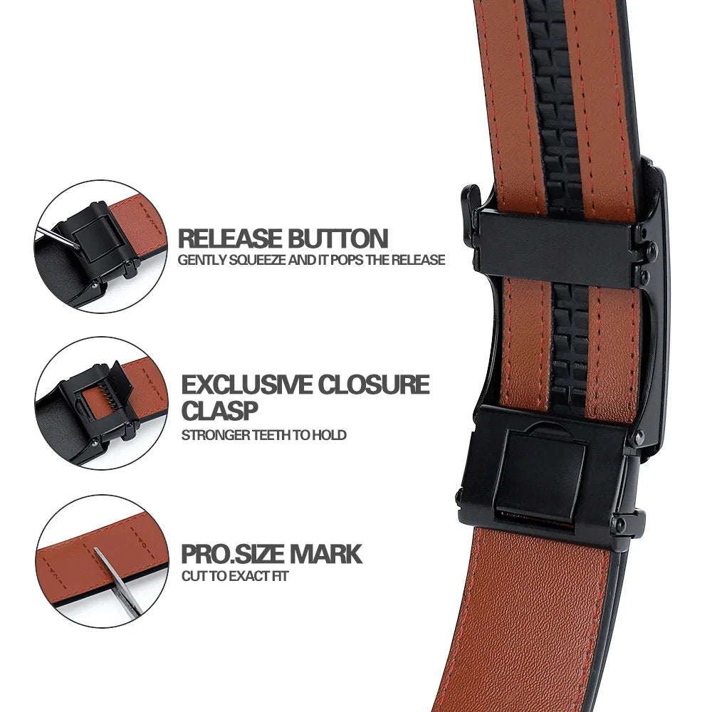 OSKA Men’s Luxury Belt Genuine Leather Automatic Step Buckle Matt Silver Tan Brown