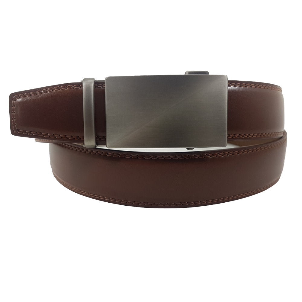 OSKA Men’s Luxury Belt Genuine Leather Automatic Buckle Matt Silver - Brown