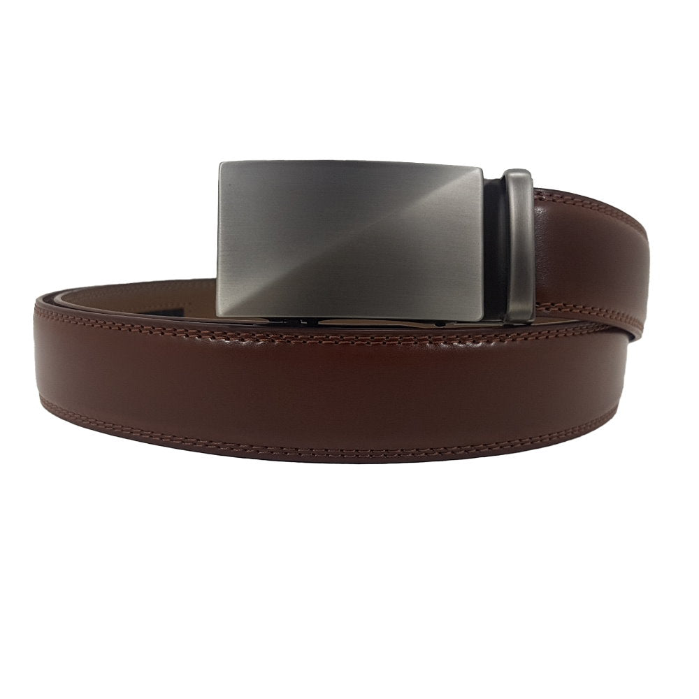 OSKA Men’s Luxury Belt Genuine Leather Automatic Buckle Matt Silver Brown - Makeup Warehouse Australia