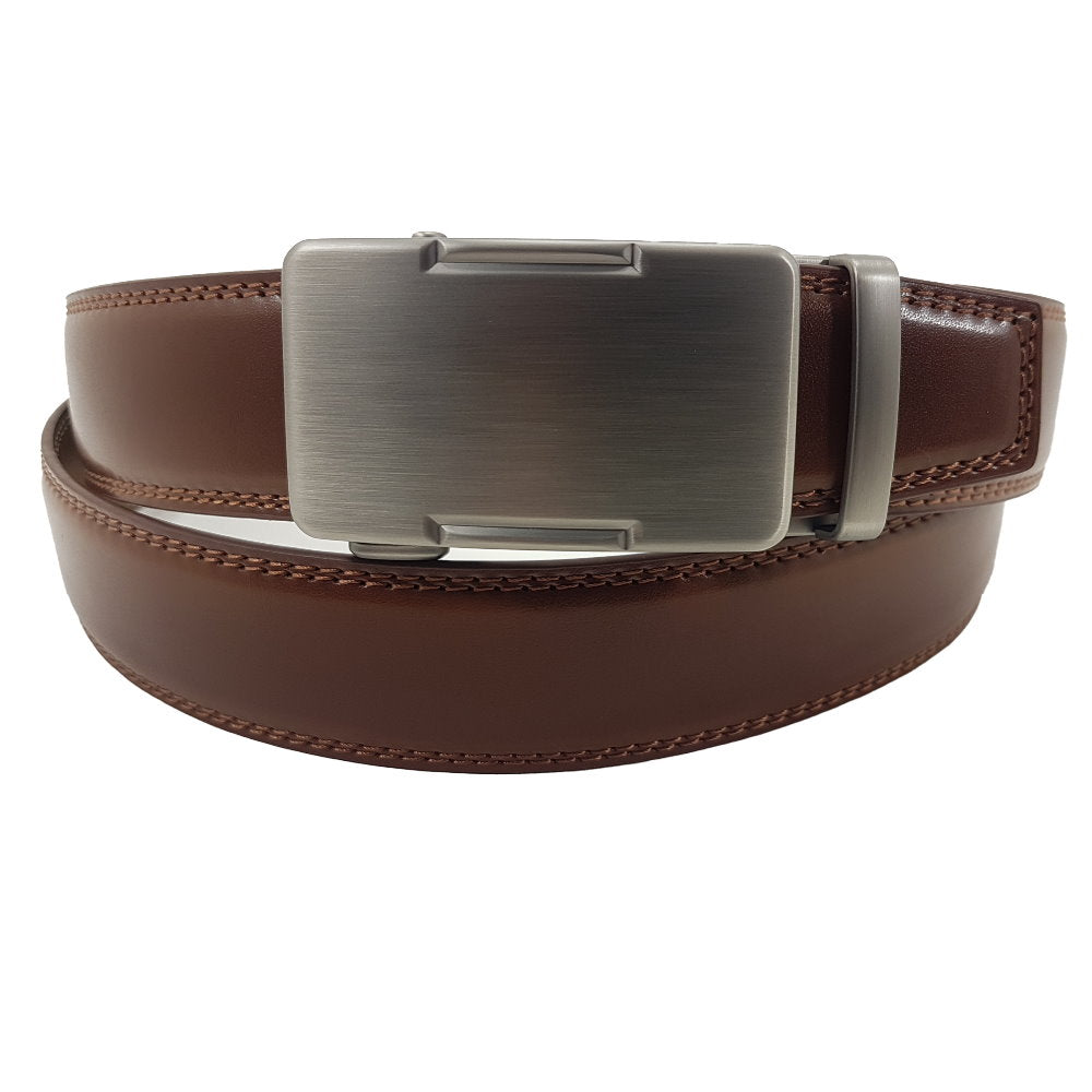 OSKA Men’s Luxury Belt Genuine Leather Automatic Step Buckle Matt Silver Tan Brown