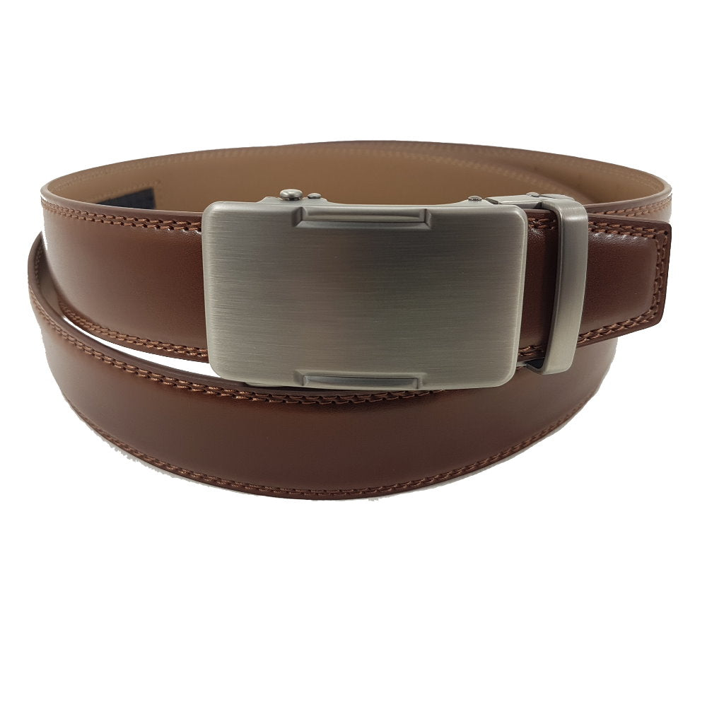 OSKA Men’s Luxury Belt Genuine Leather Automatic Step Buckle Matt Silver Tan Brown - Makeup Warehouse Australia