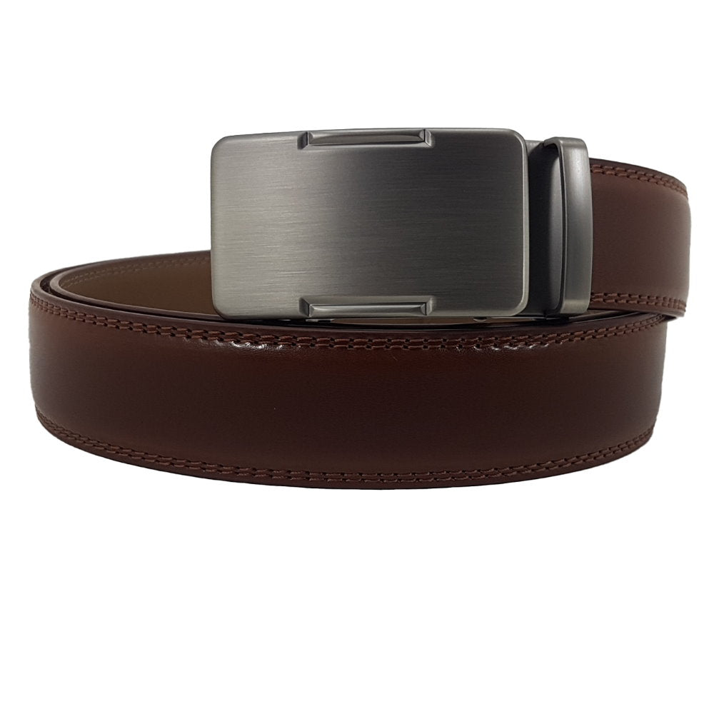 OSKA Men’s Luxury Belt Genuine Leather Automatic Step Buckle Matt Silver Tan Brown