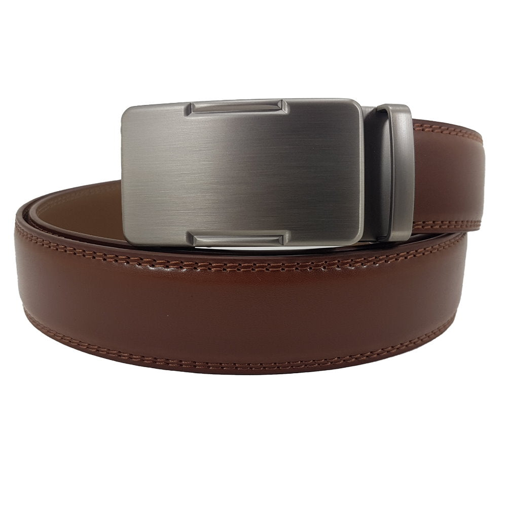 OSKA Men’s Luxury Belt Genuine Leather Automatic Step Buckle Matt Silver Tan Brown - Makeup Warehouse Australia