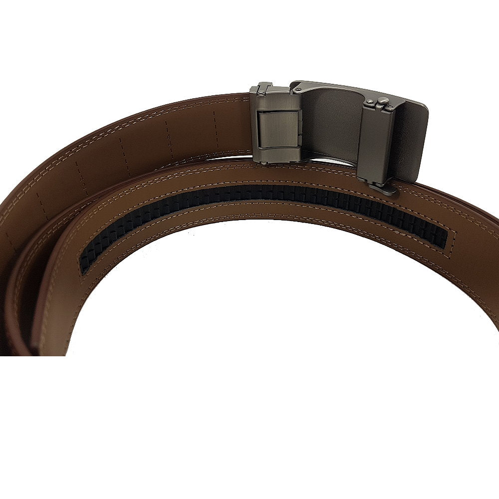 OSKA Men’s Luxury Belt Genuine Leather Automatic Step Buckle Matt Silver Tan Brown