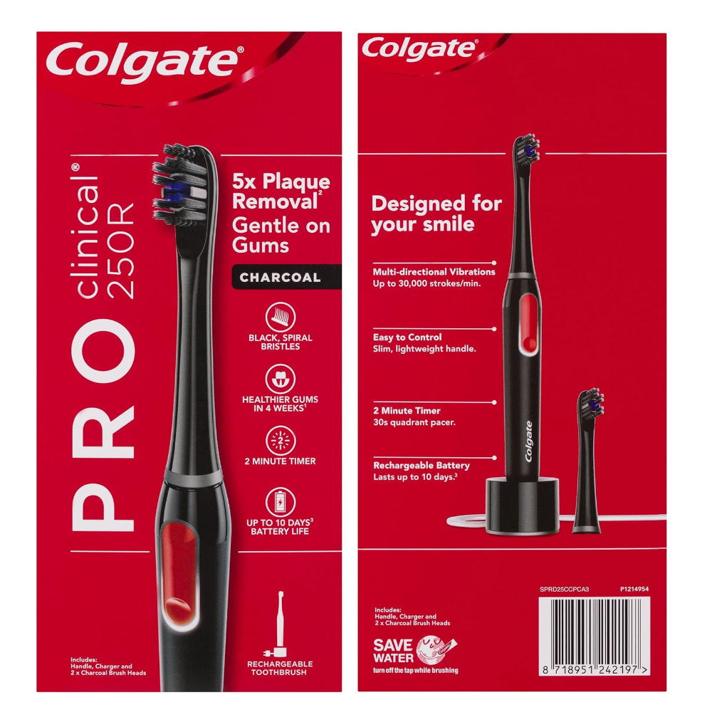 2x Colgate Pro Clinical 250R Charcoal Rechargeable Toothbrush