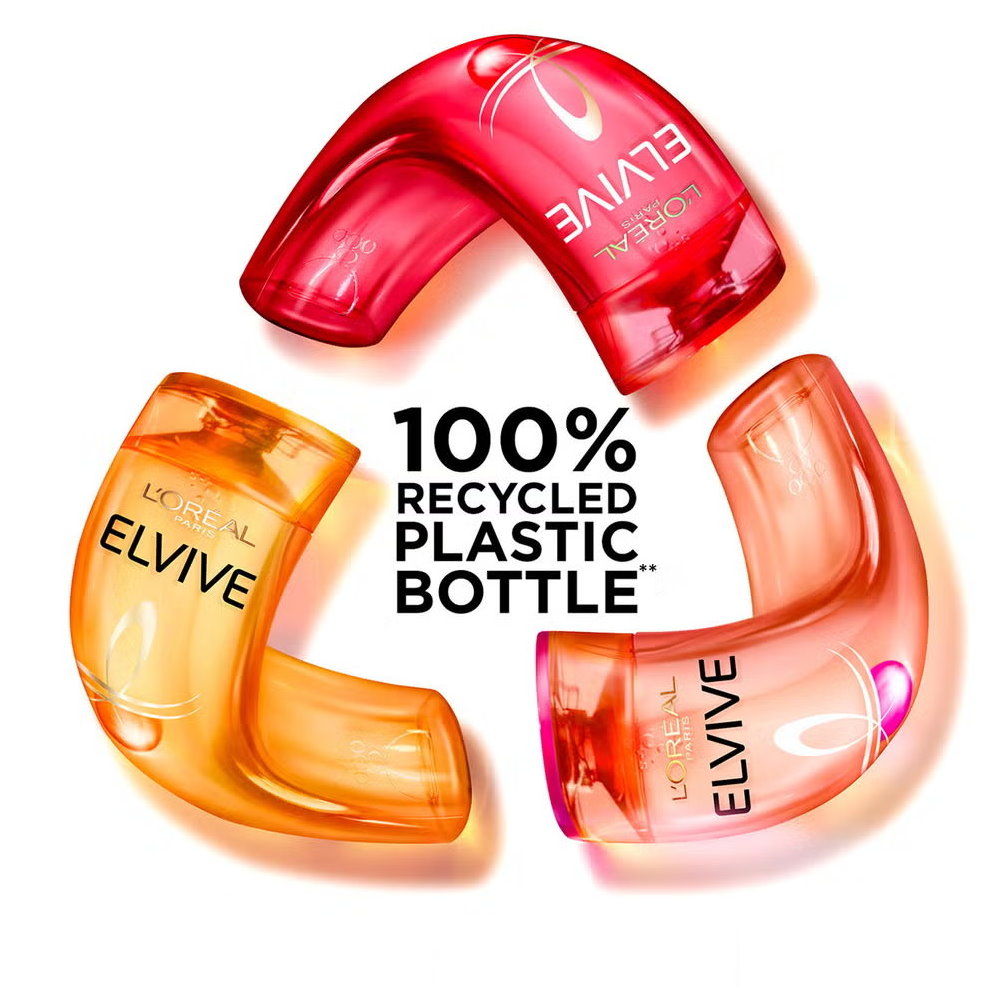 Three L'Oreal Elvive bottles in red, orange, and pink with '100% Recycled Plastic Bottle - Makeup Warehouse Australia