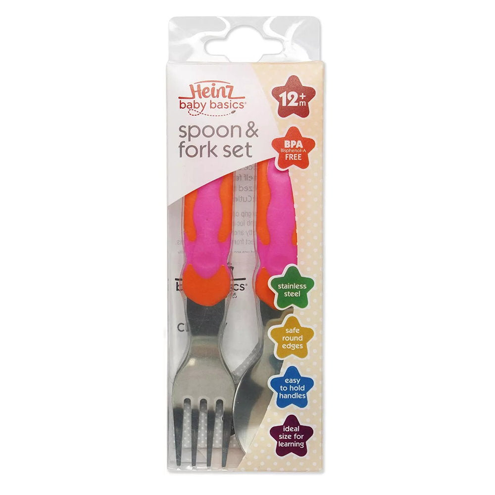 2pk Heinz Baby Basics Spoon and Fork Set 12m+ Orange Pink + Green Blue