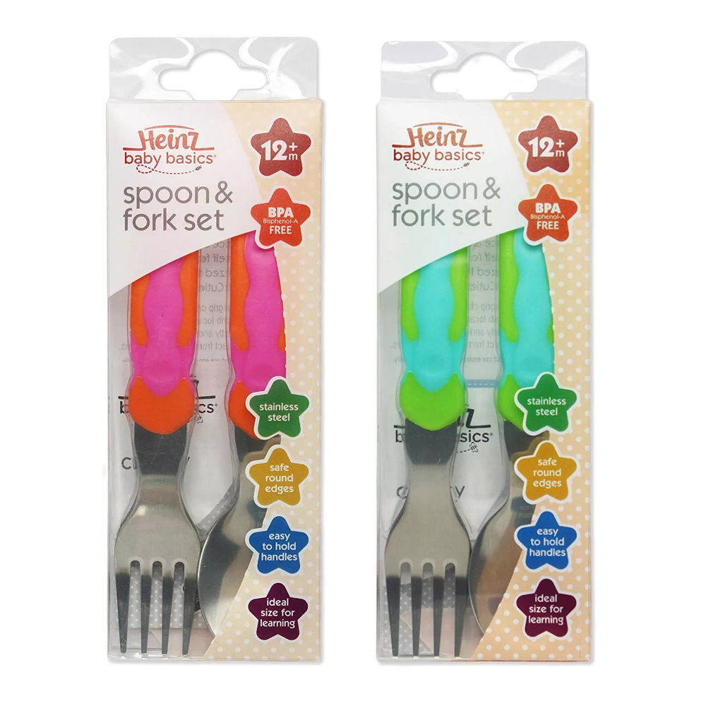 2pk Heinz Baby Basics Spoon and Fork Set 12m+ Orange Pink + Green Blue