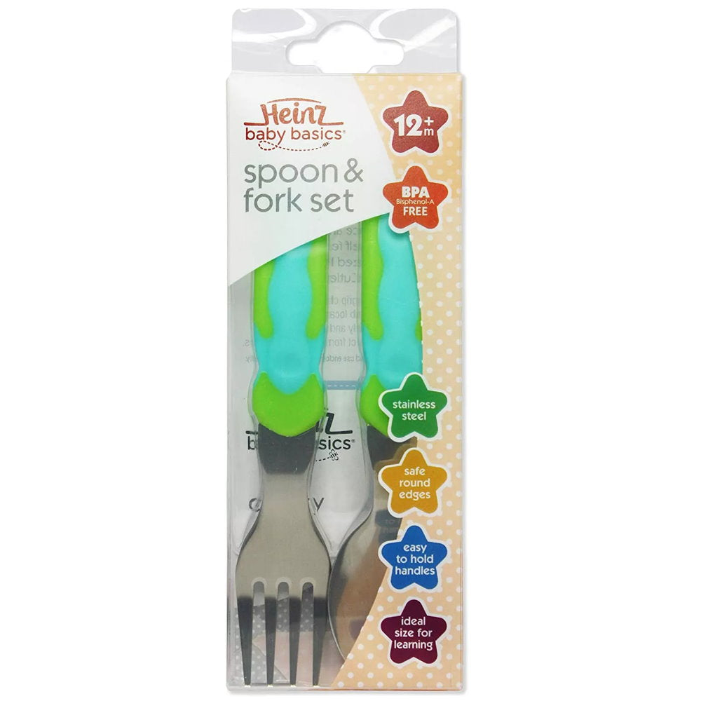 2pk Heinz Baby Basics Spoon and Fork Set 12m+ Orange Pink + Green Blue