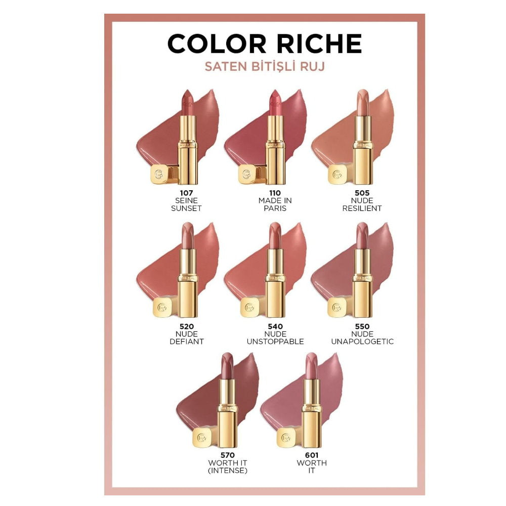 3x L'Oreal Paris Color Riche Satin Nude Intense Lipstick 520 Nu Defiant