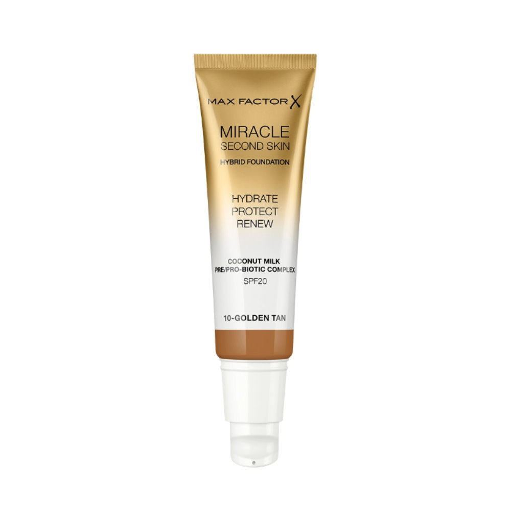 Max Factor Miracle Second Skin Hybrid Foundation SPF20 30mL 10 Golden Tan - Makeup Warehouse Australia