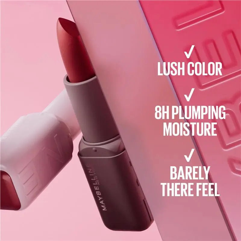 Maybelline lipstick with product features on a pink background Maybelline Moisturising Serum Lipstick