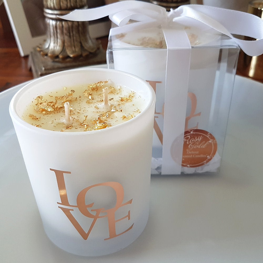 Rosy Gold Double Scented Candles Large Frosted Satin LOVE, Cherry Blossom - Makeup Warehouse Australia