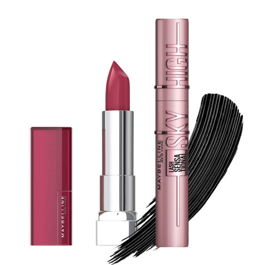 Maybelline lipstick and highliter with applicator on a white background