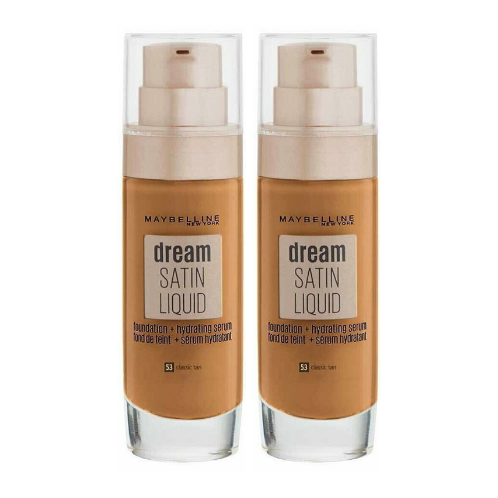 Two bottles of Maybelline Dream Satin Liquid Foundation in the shade '53 Classic Tan'.
