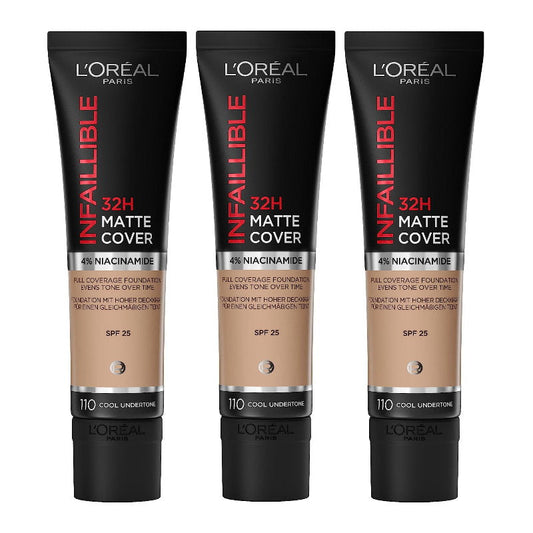 3x L'Oreal Paris Infaillible 32H Matte Cover Foundation 30ml 110 Cool Undertone