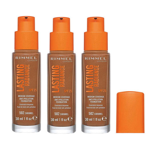 Buy 3pk Rimmel Lasting Radiance Foundation 502 Caramel - Makeup Warehouse Australia