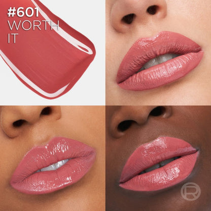 Lipstick shade #601 'Worth It' shown on different skin tones with a close-up of lips wearing the color. Makeup and Beauty
