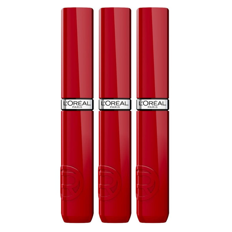 Three red L'Oreal lipsticks on a white background