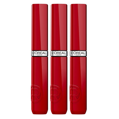 Three red L'Oreal lipsticks on a white background