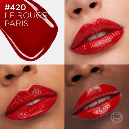 Red lipstick shade #420 Le Rouge Paris applied to lips on different skin tones.