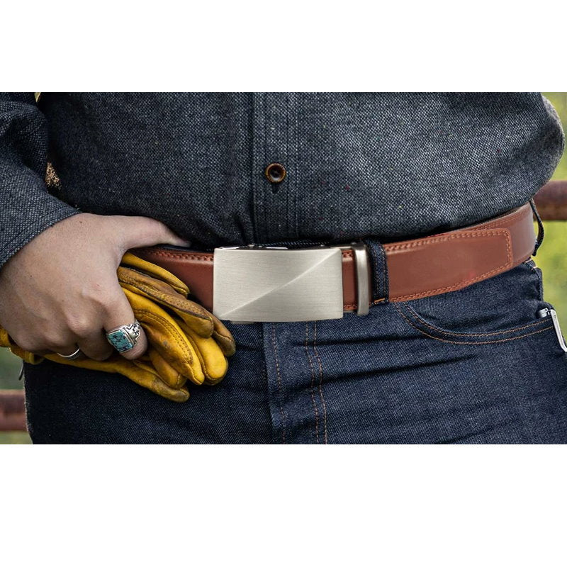 OSKA Men’s Luxury Belt Genuine Leather Automatic Buckle Matt Silver - Brown