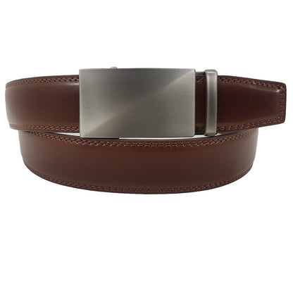 OSKA Men’s Luxury Belt Genuine Leather Automatic Buckle Matt Silver Brown - Makeup Warehouse Australia 