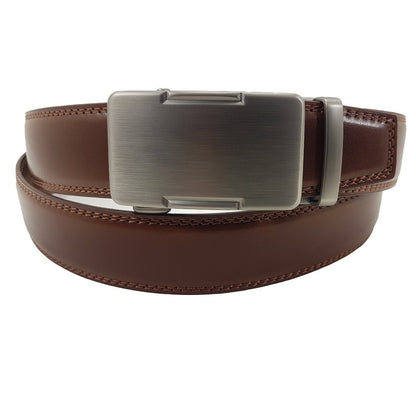 OSKA Men’s Luxury Belt Genuine Leather Automatic Step Buckle Matt Silver Tan Brown