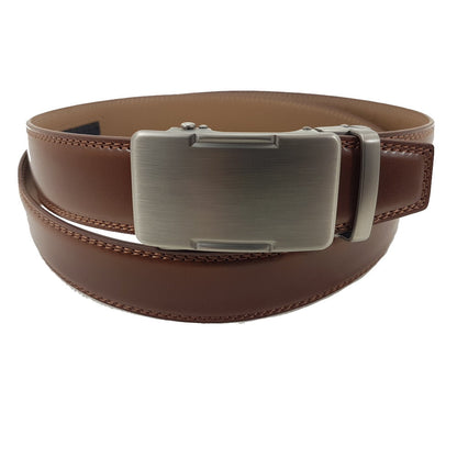 OSKA Men’s Luxury Belt Genuine Leather Automatic Step Buckle Matt Silver Tan Brown - Makeup Warehouse Australia 