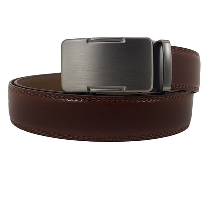 OSKA Men’s Luxury Belt Genuine Leather Automatic Step Buckle Matt Silver Tan Brown