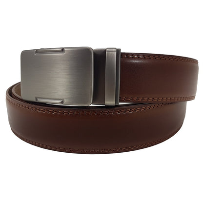 OSKA Men’s Luxury Belt Genuine Leather Automatic Step Buckle Matt Silver Tan Brown