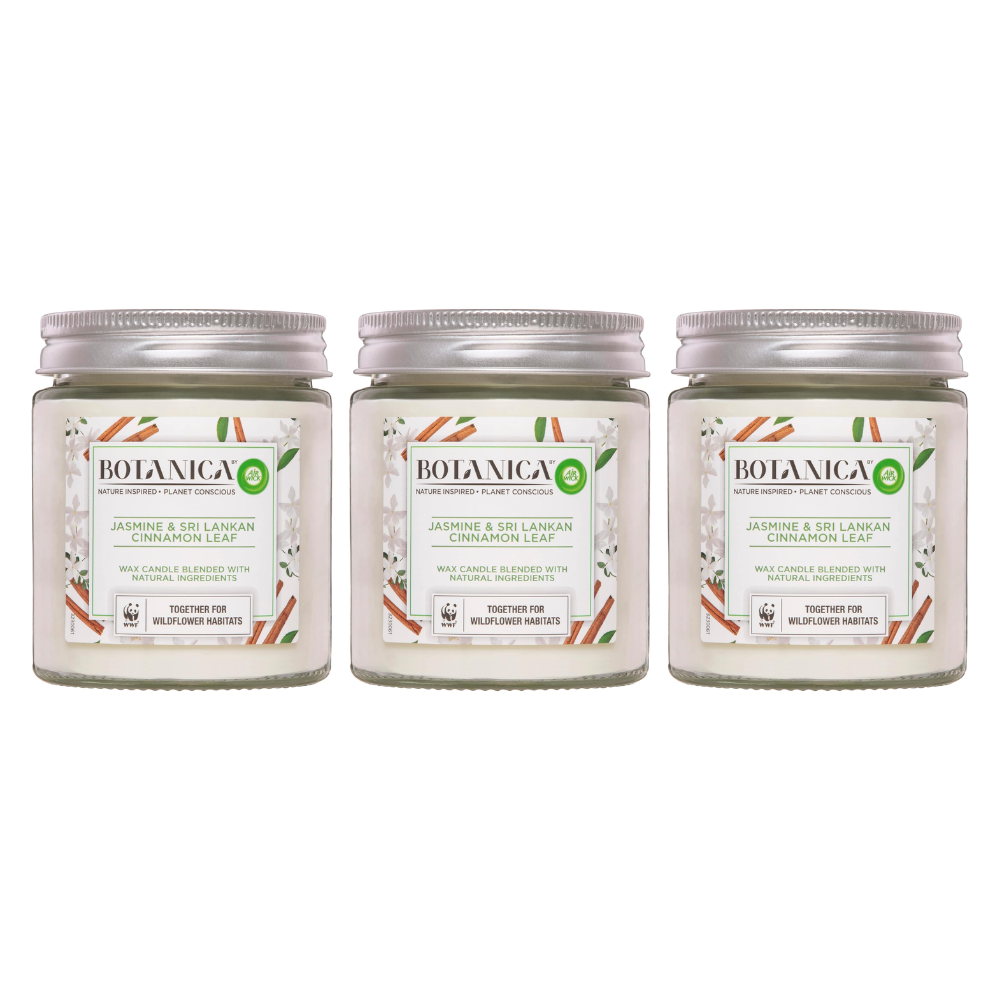 3x Air Wick Botanica Jasmine and Sri Lankan Cinnamon Leaf Candle 205g