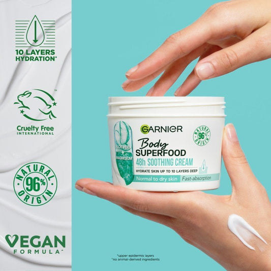 Garnier Body Superfood 48h Soothing Cream jar with hand holding it against a teal background