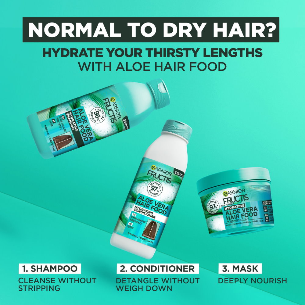 3x Garnier Fructis Hair Food Hydrating Aloe Vera Shampoo For Normal to Dry Hair 350ml
