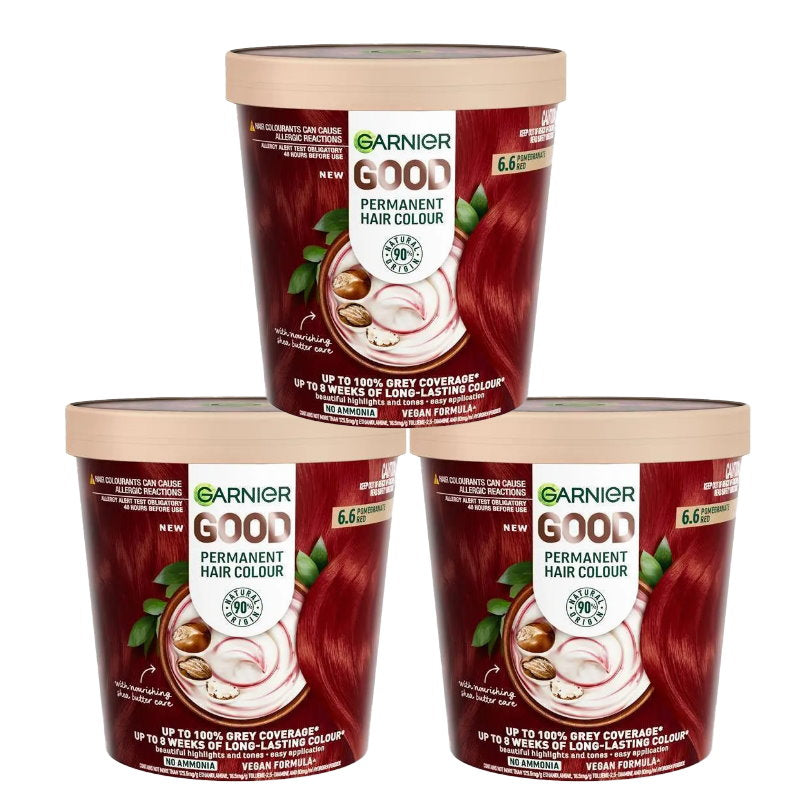 Three containers of Garnier Good Permanent Hair Colour on a white background
