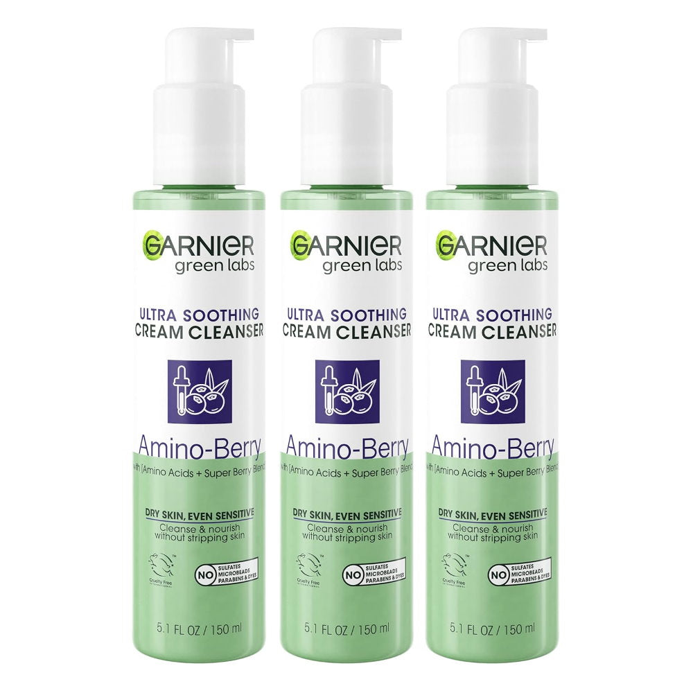 3x Garnier Green Labs Ultra Soothing Cream Cleanser Amino Berry 150ml
