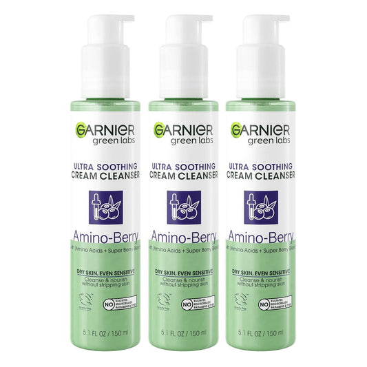3x Garnier Green Labs Ultra Soothing Cream Cleanser Amino Berry 150ml
