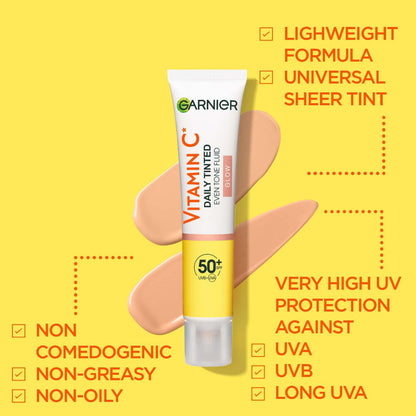 6x Garnier Vitamin C Glow Daily Tinted Even Tone Fluid SPF50+ 40ml
