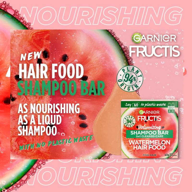 3x Garnier Watermelon Hair Food Volumising Cleanse and Care Shampoo Bar 60g