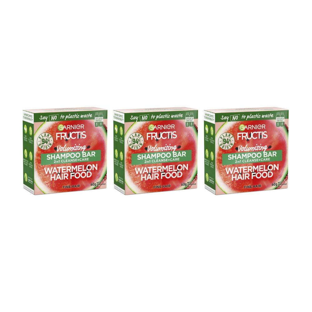 3x Garnier Watermelon Hair Food Volumising Cleanse and Care Shampoo Bar 60g