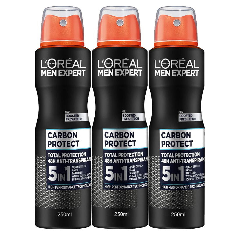 3x LOreal Paris Men Expert Carbon Protect 5-in-1 Deodorant 250mL