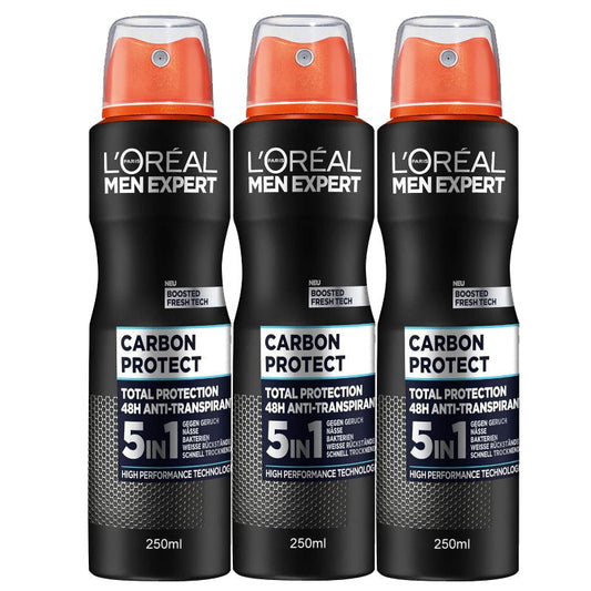 3x LOreal Paris Men Expert Carbon Protect 5-in-1 Deodorant 250mL
