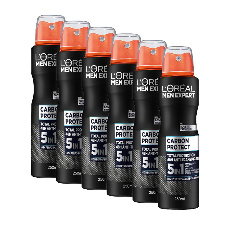6x LOreal Paris Men Expert Carbon Protect 5-in-1 Deodorant 250ml