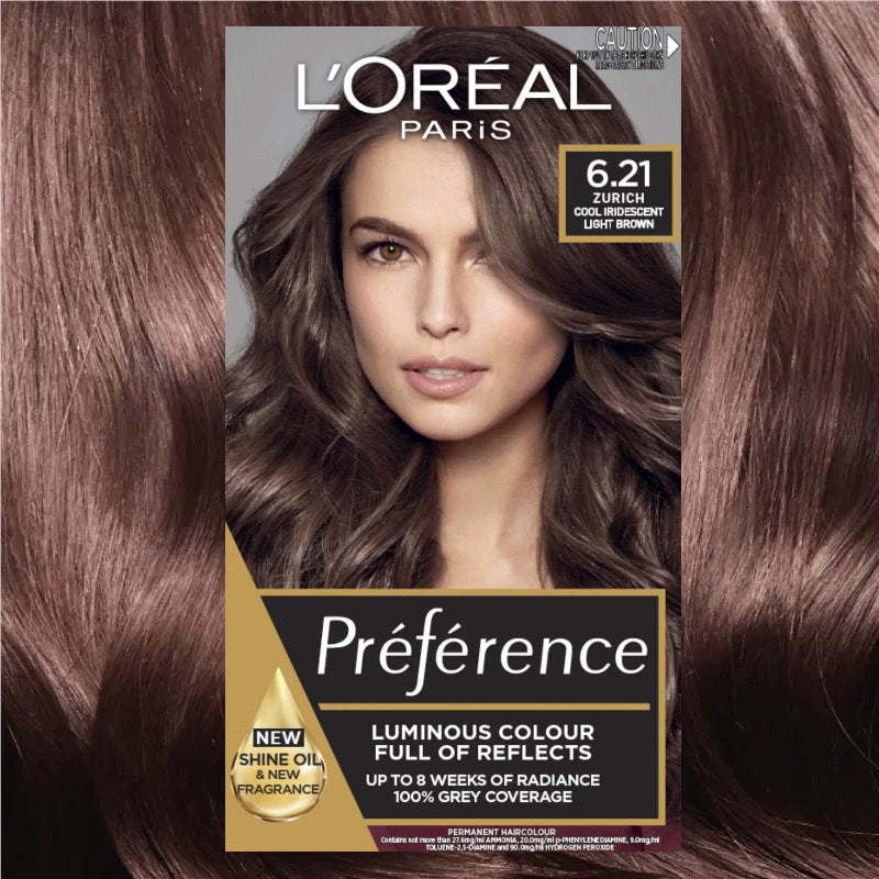 6x L'Oreal Paris Preference Permanent Hair Colour 6.21 Zurich Cool Iridescent Light Brown