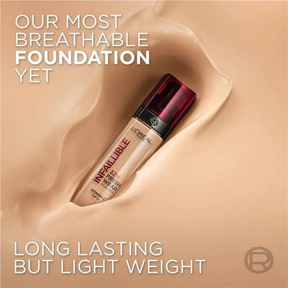 L'Oreal Infallible foundation bottle on a beige background with text about breathability and weight.
