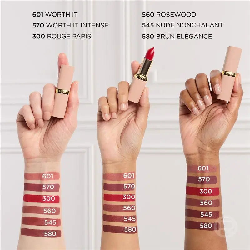 Three hands holding lipsticks with color swatches on a white background